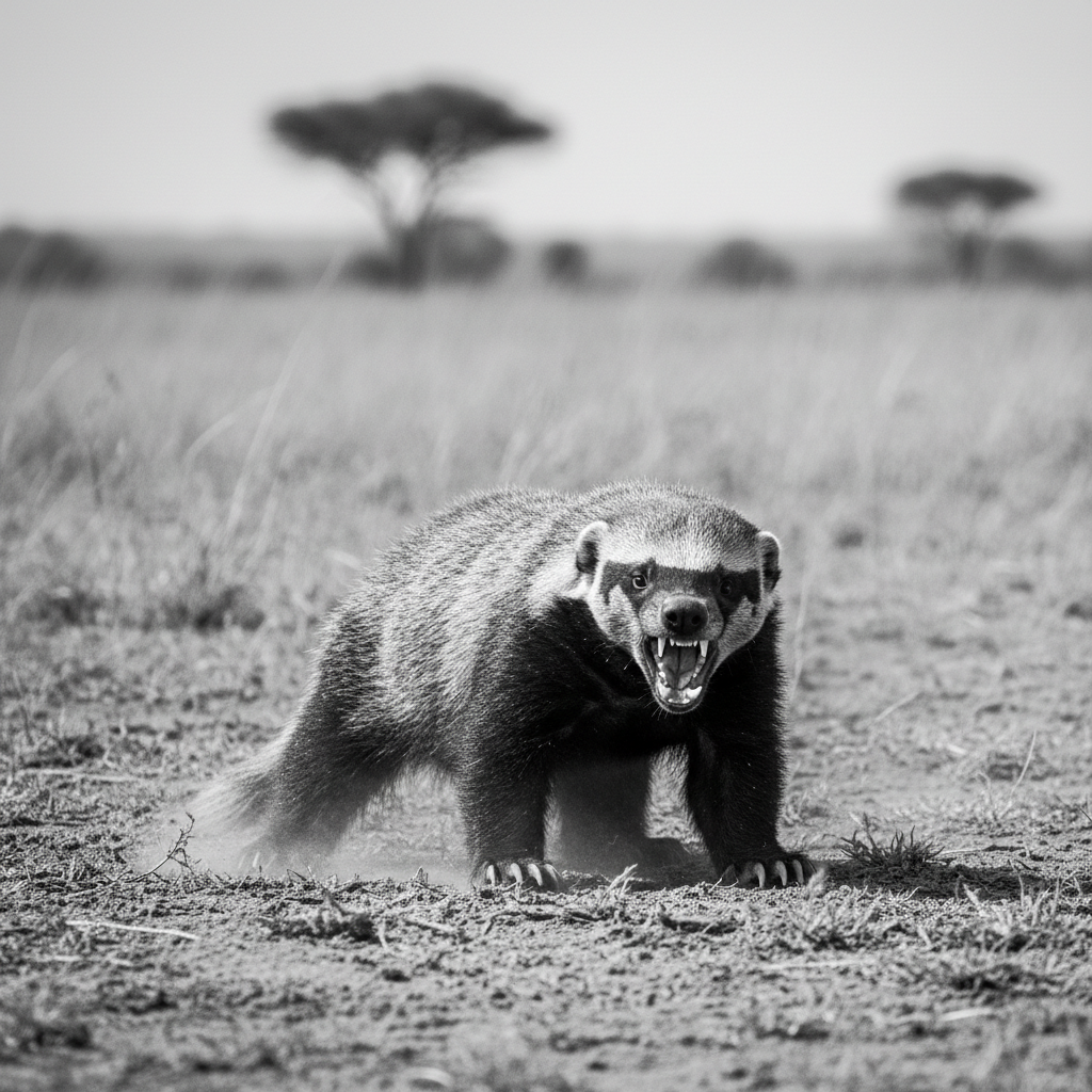 Honey badger in aggressive defensive posture