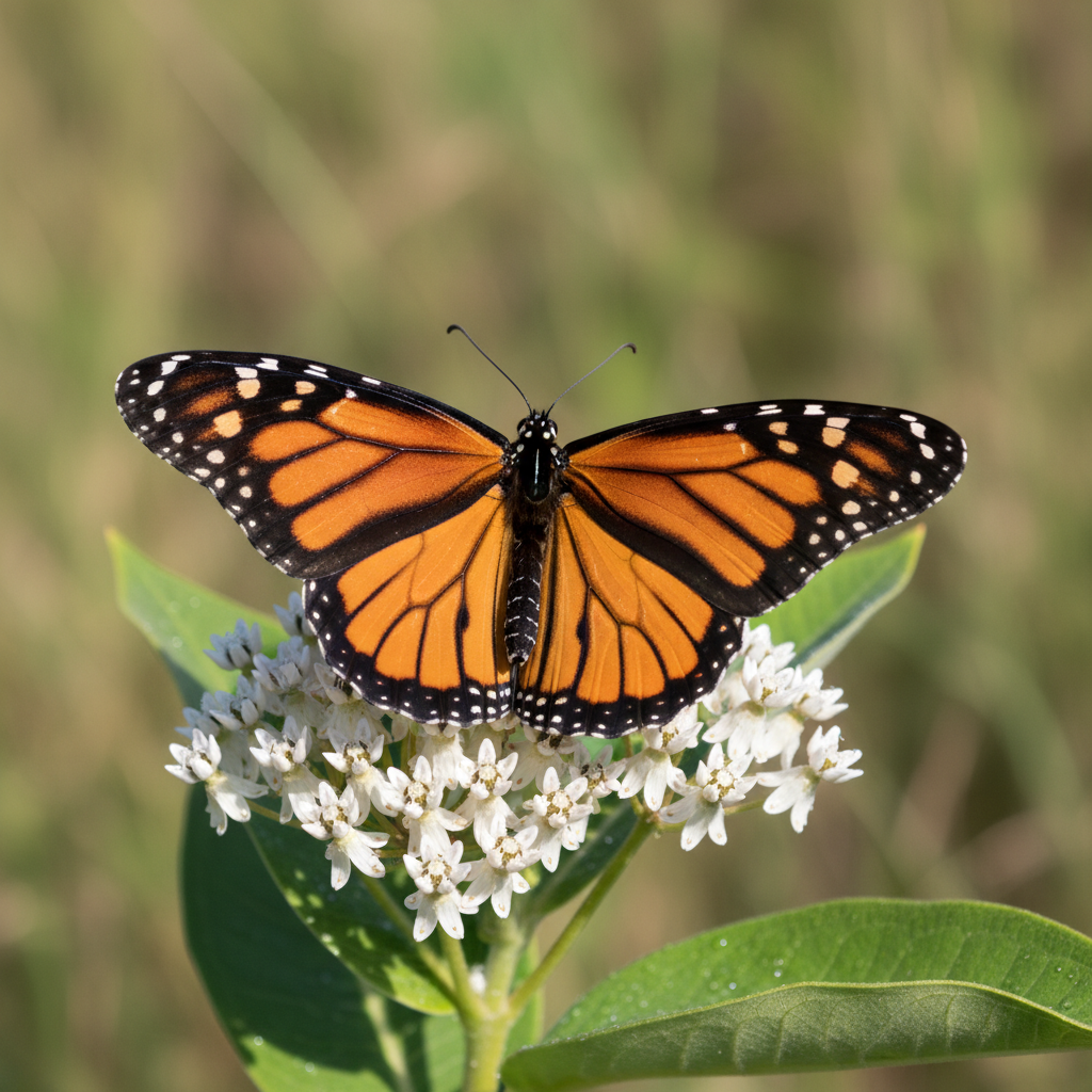 Monarch butterfly showing warning coloration on milkweed