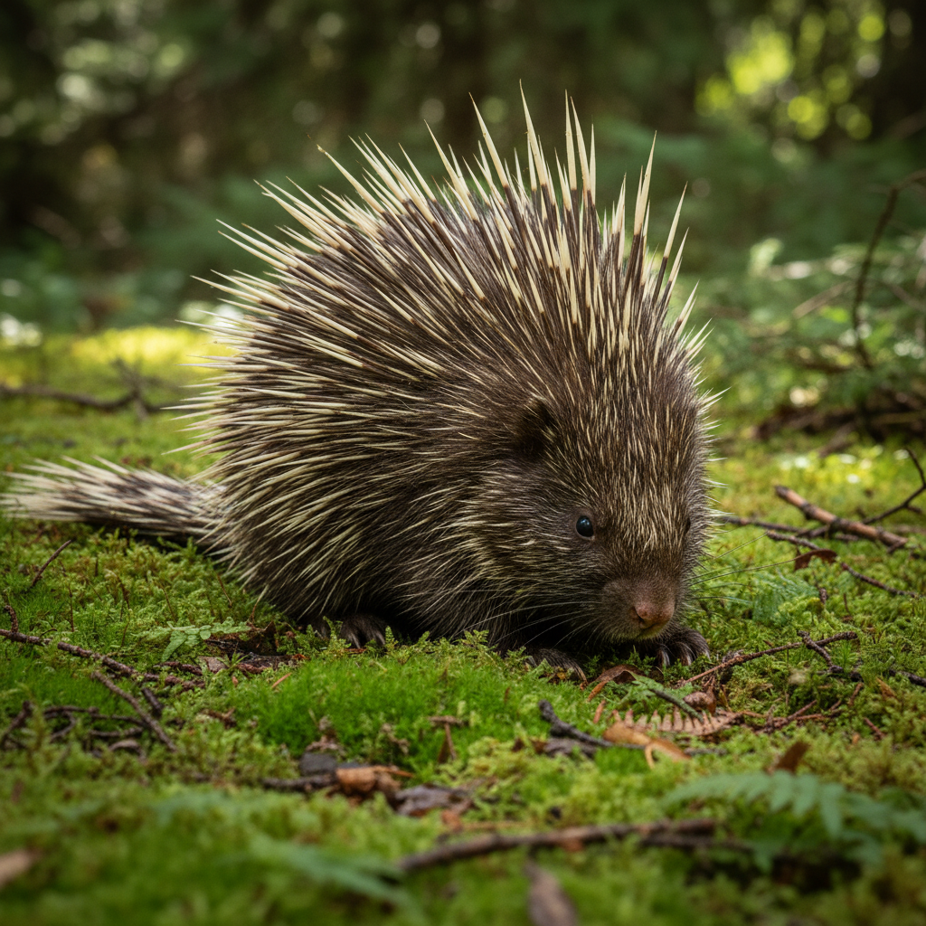 Porcupine with quills raised in defensive display